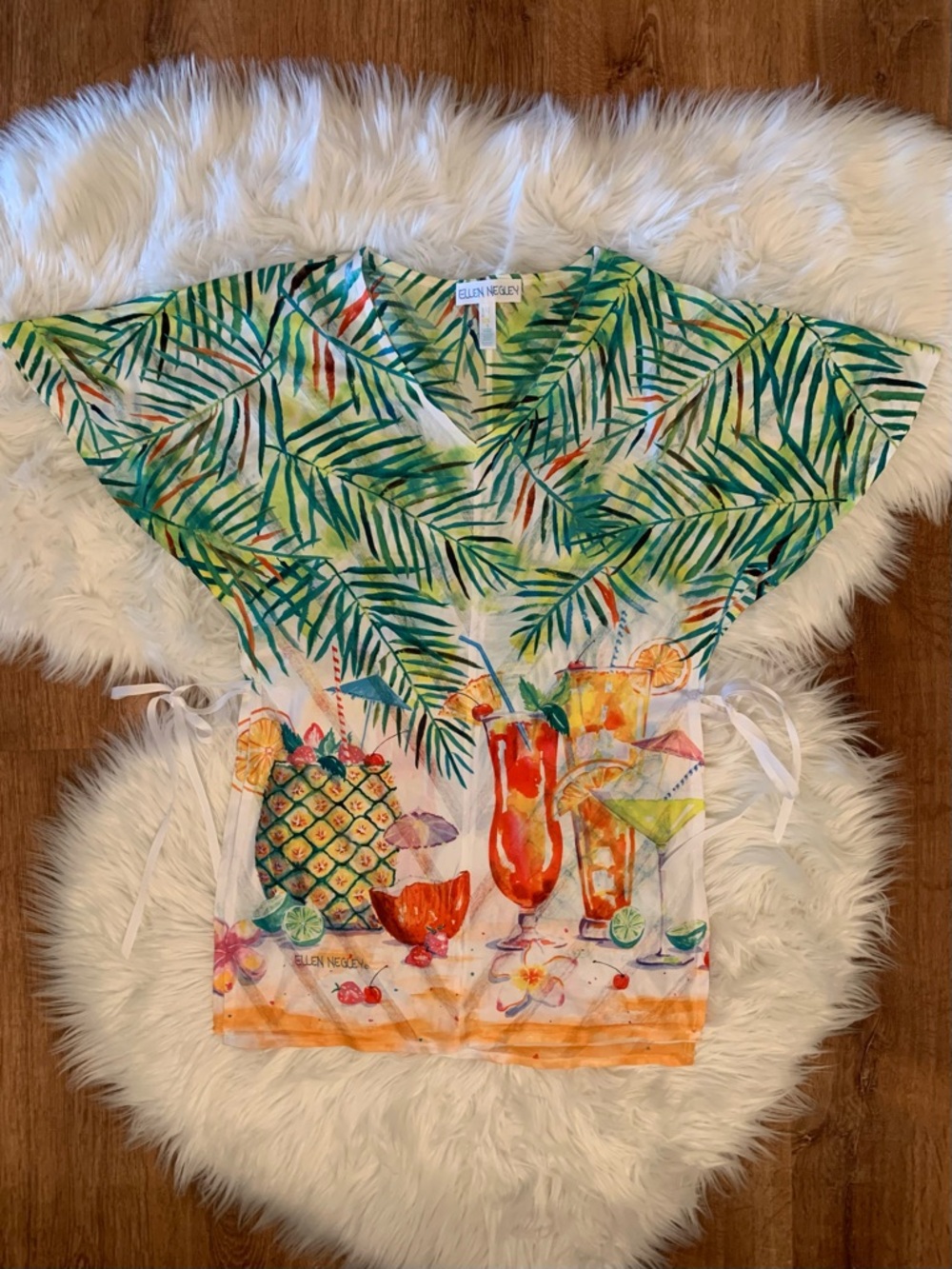 Ellen Negley Tropical Beach Cover Up Cap Sleeve Open Sides with side Ties Small